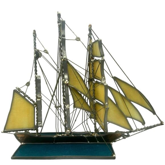 Stained Glass Staysail Sailing Ship The base has the ship sailing blue ocean - Picture 11 of 13